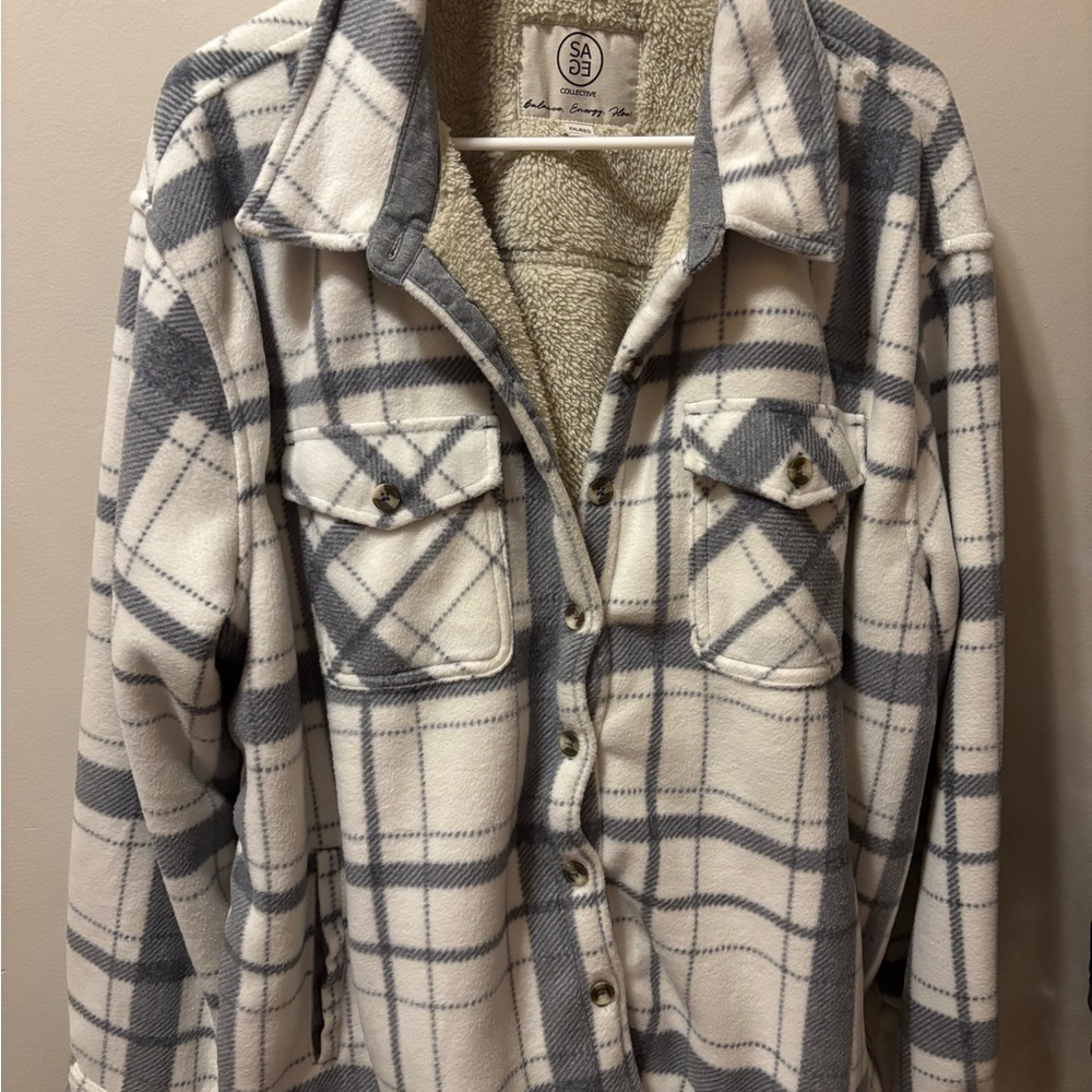 Sage Gray and White Plaid Teddy Jacket